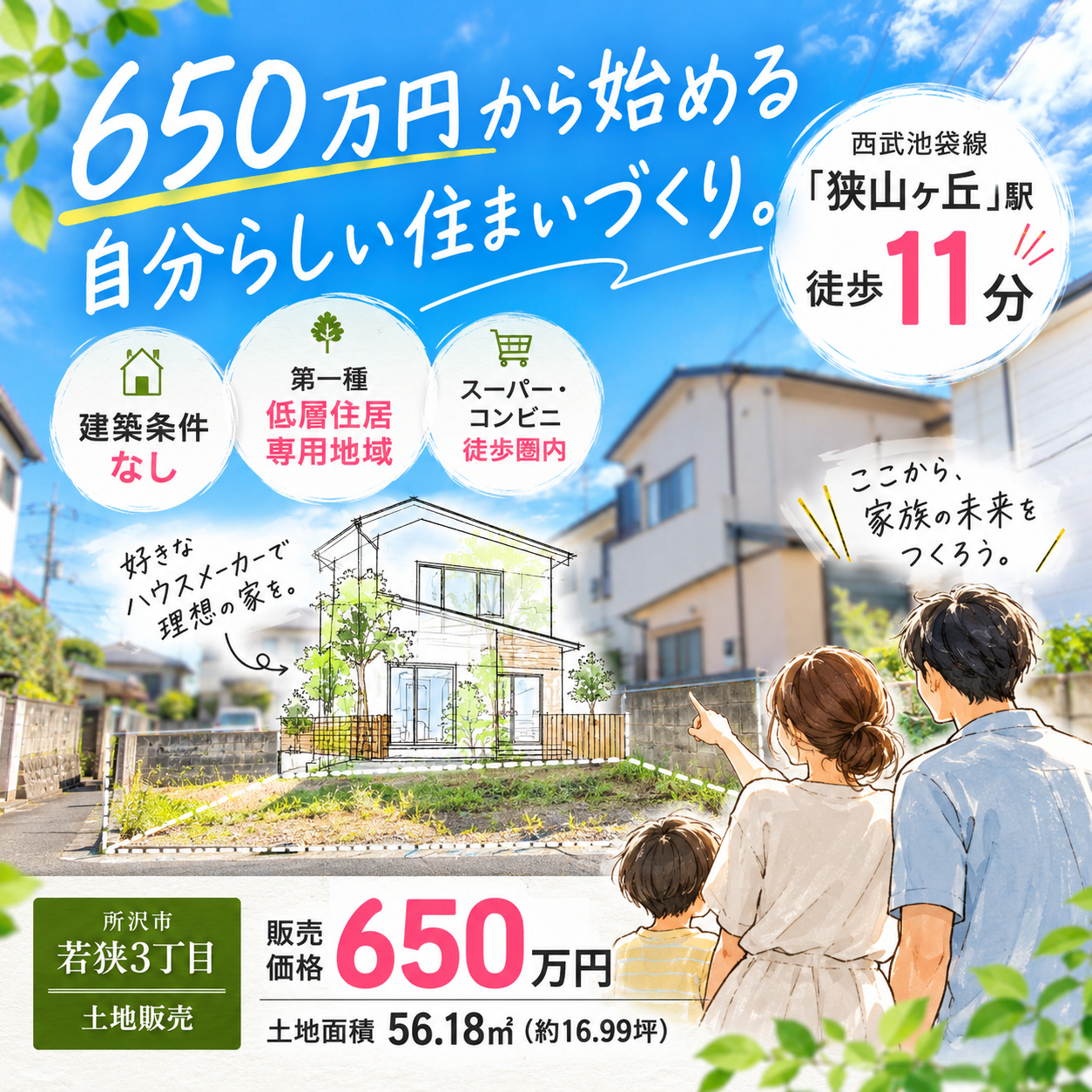 【新規販売】所沢市若狭3丁目｜建築条件なし土地650万円！「狭山ヶ丘」駅徒歩11分